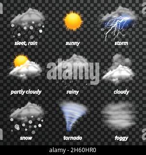 Icone meteo realistiche impostate isolate su un'illustrazione vettoriale trasparente di sfondo Illustrazione Vettoriale