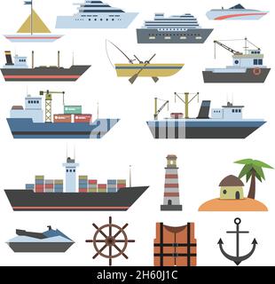 Navi e imbarcazioni a vela icone decorative piatte con marine simboli illustrazione vettoriale isolata Illustrazione Vettoriale