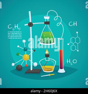 Concetto di progettazione per laboratori chimici con fiasca di bruciatore e vetro illustrazione del vettore del tubo Illustrazione Vettoriale