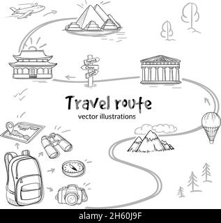 Disegna il concetto di percorso di viaggio con la fotocamera a bussola binocolo con mappa a zaino aereo mongolfiera e avvistamenti vettore illustrazione Illustrazione Vettoriale