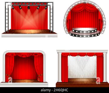 Tavole realistiche impostate con quattro immagini di palcoscenico vuoto con tende rosse e attrezzature di illuminazione, illustrazione vettoriale Illustrazione Vettoriale