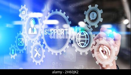 Pulsante Support (supporto) sulla schermata virtuale. Servizio clienti e concetto di comunicazione. Foto Stock