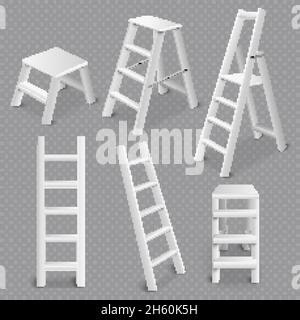 Scale multiuso, collezione 3d realistica con inclinazione pieghevole in piedi e scala sgabello trasparente bianco illustrazione vettoriale Illustrazione Vettoriale