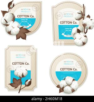 Set di icone con emblema in cotone realistico con olio di cotone illustrazione vettoriale con descrizione morbida Illustrazione Vettoriale