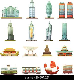 Monumenti storici della città di Hong Kong tempio statua del buddha ed elementi di trasporto collezione di icone retrò cartoon illustrazione vettoriale isolata Illustrazione Vettoriale