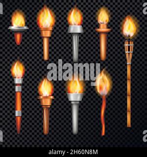 Torcia Set realistico con le immagini isolate di mano cresset di vari forma con fiamma su sfondo trasparente illustrazione vettoriale Illustrazione Vettoriale