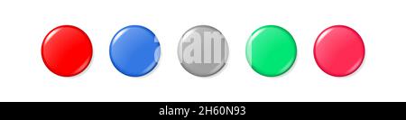 Rosso, blu, grigio, verde, rosa pulsante bianco insieme di colori, badge vettoriale pulsanti realistici collezione. Immagine grafica dell'elemento push nastro isolato Mockup. Illustrazione Vettoriale
