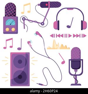 Icona podcast e audio in stile piatto, isolata su sfondo bianco. Microfono, registrazione, raccolta di icone delle onde musicali. Illustrazione Vettoriale