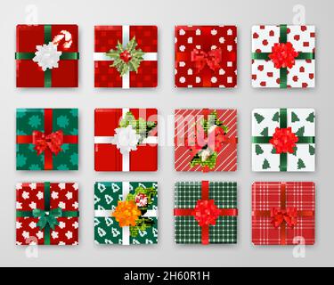 Set realistico di confezioni regalo natalizie confezionate con nastri colorati e incula illustrazione vettoriale isolata Illustrazione Vettoriale