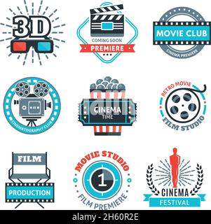 Emblemi colorati del cinema con biglietto premio per occhiali 3d con clapper a bobina per proiettore illustrazione vettoriale isolata della sedia dei raggi popcorn Illustrazione Vettoriale