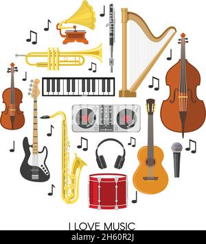 Composizione musicale rotonda con icone colorate isolate e musical Strumenti e titolo Io amo l'illustrazione vettoriale della musica Illustrazione Vettoriale