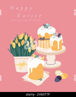 Illustrazione vettoriale per le vacanze di Pasqua. Bel bouquet di fiori con torta di Pasqua e uova di pittura. Modello per biglietto d'auguri, poster Illustrazione Vettoriale