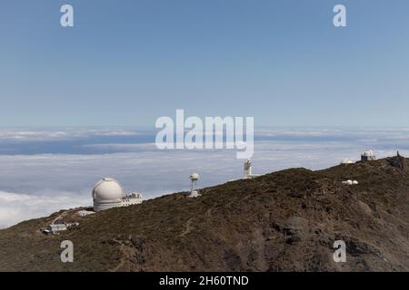 Osservatorio Roque de los Muchachos (ORM) a la Palma, Isole Canarie, Spagna. Carlsberg Meridian, William Herschel, Dutch Open, Mercator, Svedese Solar Foto Stock