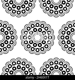 Aboriginal dot painting mandala seamless vettoriale pattern, ripetitivo dot ar in nero su sfondo bianco ispirato ai disegni australiani Illustrazione Vettoriale