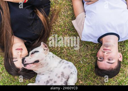 Due giovani e un cane sdraiato sull'erba Foto Stock