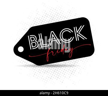 Black Friday, banner etichetta sconto. Offerta speciale testo tipografico, tag nero per la vendita a caldo design. Adesivo promozionale autunnale, illustrazione vettoriale Illustrazione Vettoriale