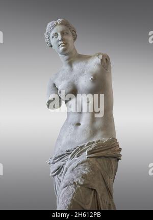 Venus de Milo ancinet statua greca di Afrodite, circa 150 e 125 AC, Museo del Louvre Ma399 o N527. Afrodite è raffigurato capelli in una pistola con un testone Foto Stock