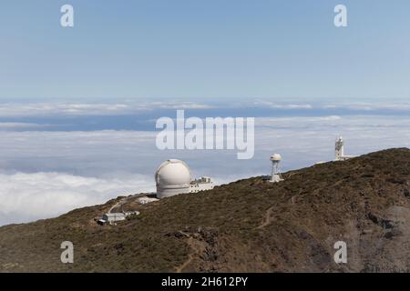 Osservatorio Roque de los Muchachos (ORM) a la Palma, Isole Canarie, Spagna. Cannocchiali Carlsberg Meridian, William Herschel e Dutch Open Foto Stock