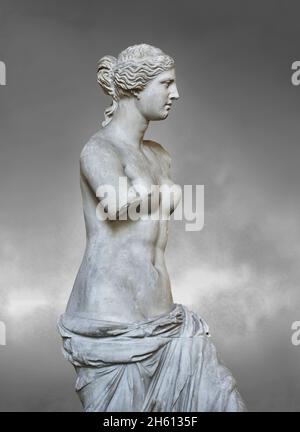 Venus de Milo ancinet statua greca di Afrodite, circa 150 e 125 AC, Museo del Louvre Ma399 o N527. Afrodite è raffigurato capelli in una pistola con un testone Foto Stock