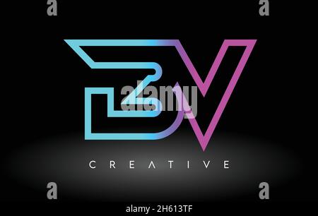 BV Neon Purple Blue Letters Logo Design. Illustrazione di BV Outline Letter Icon vettore su sfondo nero Illustrazione Vettoriale