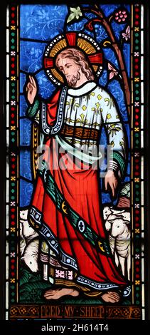 Dettaglio da una vetrata di Frederick Preedy raffigurante la carica di Gesù a San Pietro, Chiesa di Sant'Andrea, Cleeve Prior, Worcestershire Foto Stock