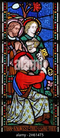 Una vetrata di Frederick Preedy raffigurante atti di Misericordia, Chiesa di Sant'Andrea, Cleeve Prior, Worcestershire Foto Stock