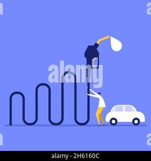 Illustrazione di un uomo che tiene l'ugello enorme di una pompa carburante. Concetto per aumentare il prezzo del carburante Illustrazione Vettoriale