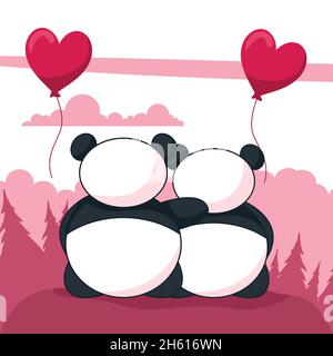 Coppia di panda orsi in un romantico giorno di San Valentino Illustrazione Vettoriale