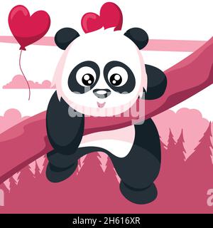 Tenero panda orso rampicante ramo di albero a San Valentino Illustrazione Vettoriale