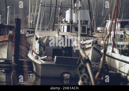 1970 America: Pescatore a bordo di una barca da pesca a Bodega Bay Harbor ca. 1972 Foto Stock