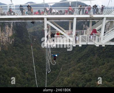 Zhangjiajie. 12 novembre 2021. Foto aerea scattata il 12 novembre 2021 mostra un bungee turistico che salta dal ponte con fondo in vetro del Grand Canyon di Zhangjiajie, nella provincia centrale di Hunan della Cina. Il ponte lungo 430 metri, largo sei metri, che collega due ripide scogliere a 300 metri dal suolo, è lastricato con 99 lastre di vetro trasparente a tre strati. Credit: Zhao Zhongzhi/Xinhua/Alamy Live News Foto Stock