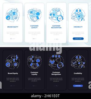 Vantaggi del branding schermo della pagina dell'app mobile onboarding scuro e chiaro Illustrazione Vettoriale