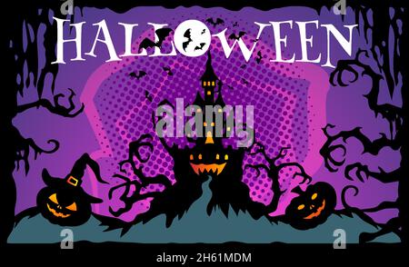 Buon banner di Halloween. Zucche, pipistrelli, un sinistro castello di Halloween. Illustrazione Vettoriale