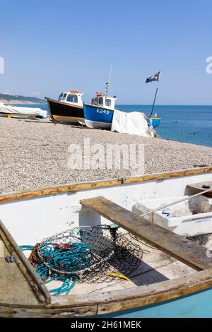Birreria Devon barche da pesca sulla spiaggia sono state rimorchiate e spiaggiate sulla spiaggia di birra Devon Seaton Bay Inghilterra Regno Unito GB Europa Foto Stock