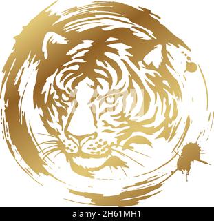 Testa della tigre. Silhouette oro di una tigre testa isolata su sfondo bianco. Illustrazione Vettoriale