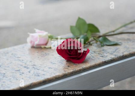 Reportage: Le rose sono poste su una panchina al National 9/11 Pentagon Memorial, il 19 ° anniversario degli attacchi terroristici 11 settembre, Washington, D.C., 11 settembre 2020. Foto Stock