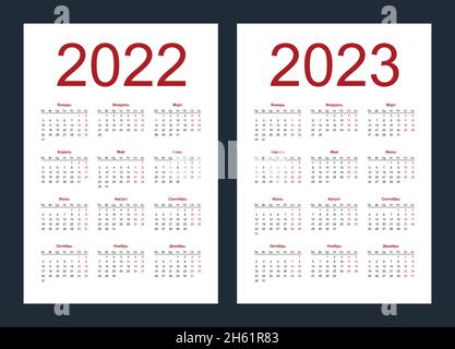 Griglia calendario per 2022 e 2023 anni. Semplice modello verticale in lingua russa. La settimana inizia dal lunedì. Illustrazione del vettore isolato su ba bianca Illustrazione Vettoriale