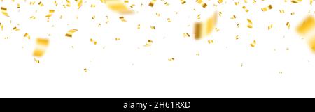 Confetti oro largo. Serpentina gialla realistica. Tinsel dorato su sfondo bianco. Confetti eleganti che cadono. Decorazioni di Natale lucenti. Vettore Illustrazione Vettoriale