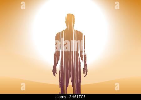 Illustrazione concettuale surrealistica con un uomo trasparente in piedi nel deserto, di fronte ad un sole luminoso. Sfondo vettoriale spirituale astratto. Illustrazione Vettoriale