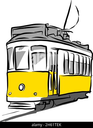 Un tram tipico 28 nel quartiere di Alfama. LISBONA, PORTOGALLO. Disegno vettoriale a mano separato su sfondo bianco Illustrazione Vettoriale