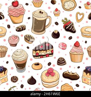 Modello senza cuciture: È il momento giusto per un dolce. Sfondo variopinto e delizioso con torte, dolci, cupcake e ciambelle su sfondo bianco. Illustrazione Vettoriale