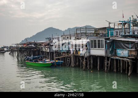 venditore di pesce, bancarella di mercato di frutti di mare secchi, tai o villaggio di pescatori tradizionale, lantau Foto Stock