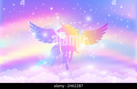 Silhouette di unicorno con ali sullo sfondo di un cielo arcobaleno con stelle. Illustrazione vettoriale per bambini. Illustrazione Vettoriale