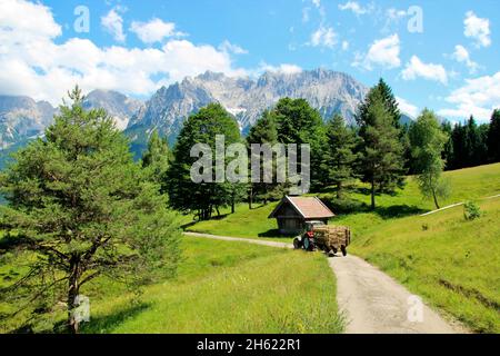 lindner geotrac 73,3300 cm–³,3 cilindri,bj. 2009,trattore durante la raccolta del fieno,germania,baviera,alta baviera,terra di werdenfelser,valle dell'isar,mittenwald,kranzberg,wildensee,buckelwiesen,montagne di karwendel,carretto di fieno,karwendel Foto Stock