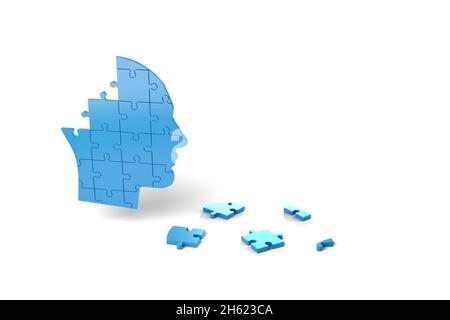 Testa umana con pezzi di puzzle. Alzheimer , demenza e salute mentale concetto. illustrazione 3d. Foto Stock