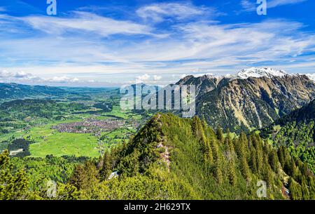 vista sul illertal e oberstdorf con il nebelhorn in una giornata di sole in primavera. prati verdi, foreste e montagne sotto un cielo blu. allgäu alpi, baviera, germania, europa Foto Stock
