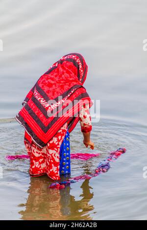 SONA MASJID, BANGLADESH - 11 NOVEMBRE 2016: Donna locale lavaggio vestiti in uno stagno, Bangladesh Foto Stock