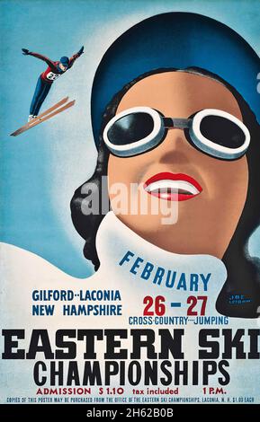 Poster di viaggio vintage USA - Sport invernali - campionati di sci orientali. Gilford Laconia, New Hampshire. Cross-country - salto. Foto Stock