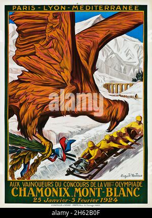 Poster Vintage Travel - Sport invernali - Auguste Matisse (francese, 1866–1931) CHAMONIX MONT-BLANC VIIIme OLYMPIADE 1924, Giochi olimpici 1924 Foto Stock