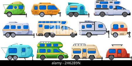 Roulotte da campeggio, camper, camper e camper. Camion stradali, auto caravan vacanza all'aperto vettore piano illustrazione set. Turismo Illustrazione Vettoriale